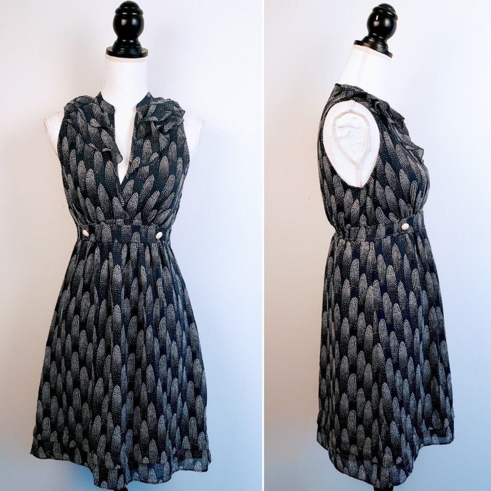 I HEART RONSON Dress, Gray White Polyester Sleeveless Ruffle Buttons Fitted, S